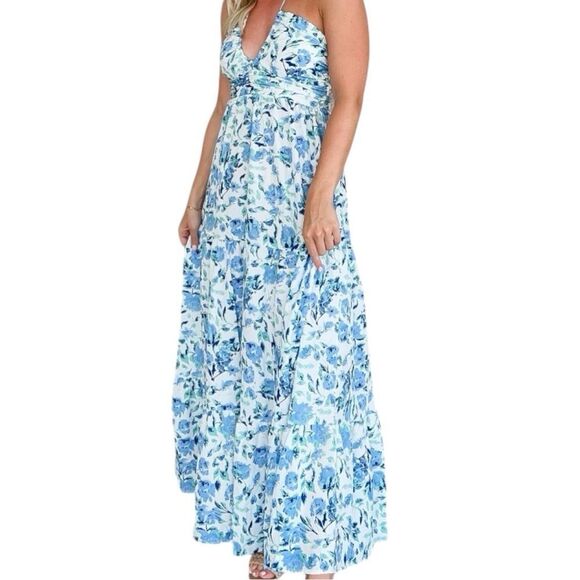 Blue and White Floral Halter Maxi Dress - Picture 1 of 11